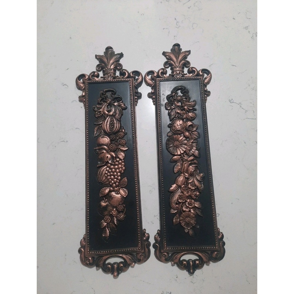 Syroco Wall Plaques Vintage 1970 MCM 2 Black - Bronze Flowers & Fruits 7221 7222